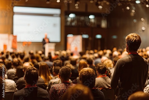 Large conference hall filled with attendees listening to a speaker