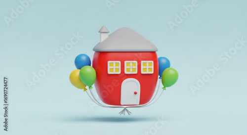 Cute red house with balloons illustration for real estate and home decor marketing, 3d render design