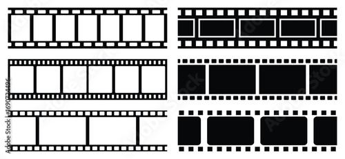 Old retro tape film video movies. Black movie reel icon in vintage style. Cinema and filmmaking concept. Grunge vintage film strip for photo video filming. Vector illustration
 
