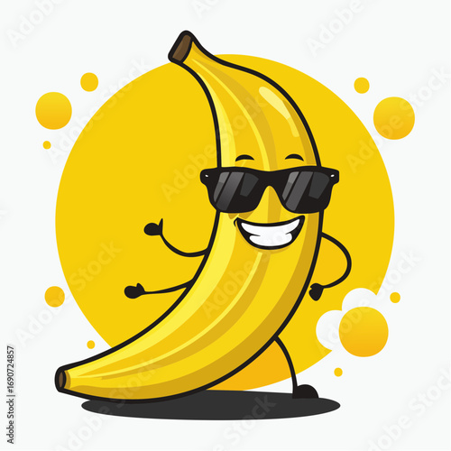 Vibrant cartoon illustration of a cool banana character wearing sunglasses and striking a confident pose, a cheerful fruit mascot with a big smile