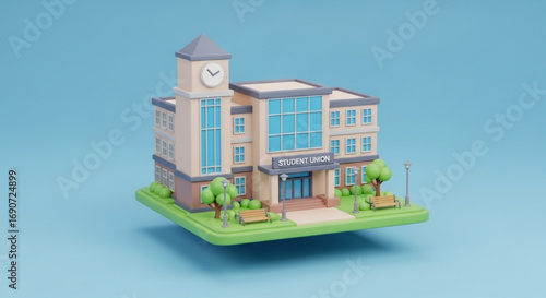 Student union building 3d model with clock tower college campus architecture and landscape design illustration