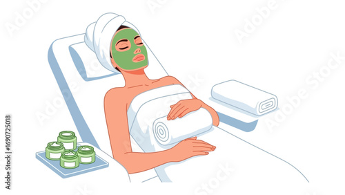 Relaxing woman with green facial mask and towel wrapped around her head lying on a spa bed during a beauty treatment session