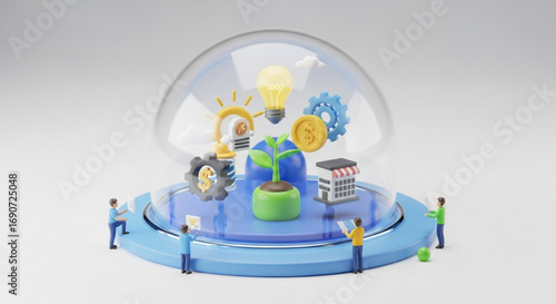 Business growth and startup investment concept with lightbulb and plant under glass dome idea generation