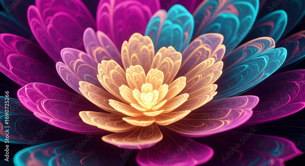 Fototapeta premium A beautiful, abstract fractal flower with glowing and intricate pink, blue, and yellow petals