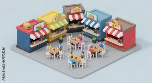 Isometric restaurant scene with burger taco and pizza shops and people dining at tables 3d render illustration