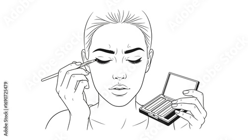 Close up black and white line art illustration of a woman applying eyeshadow with a brush from a compact mirror in a beauty routine