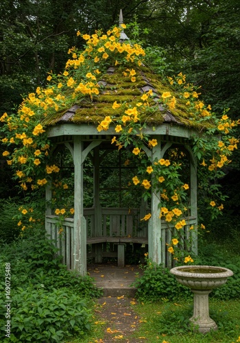 Garden gazebo blooms abundantly in a lush forest