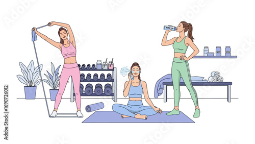 Three diverse women engaged in different fitness activities including resistance band training yoga and drinking water after a workout
