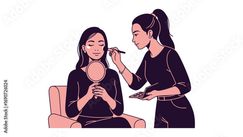 Professional makeup artist applying foundation to a woman sitting in a chair for a beauty session