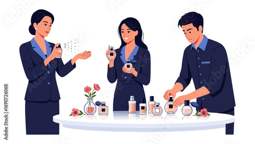 Diverse group of professionals presenting and demonstrating a selection of luxury perfume bottles and fragrances on a white table