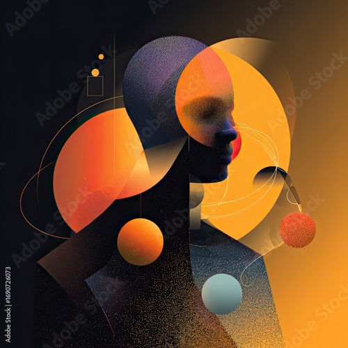 Abstract portrait of a woman, featuring geometric shapes and vibrant colors