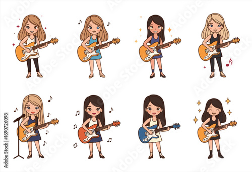 Female guitarist illustration, cartoon musician character playing electric guitar, music performance concept, rock band artist, creative art design