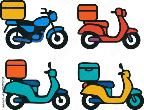 Colorful Delivery Motorcycles and Scooters Vector Set.