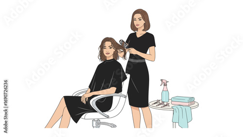 Young woman with brown hair sitting in a salon chair while a hairstylist combs her hair and styles it with a brush and spray bottle