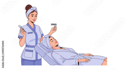 Professional beautician in uniform and headband applying facial treatment to a relaxed woman in a bathrobe