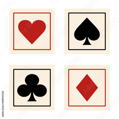 Playing card suit icons in square frames. Minimal flat vector set with heart, spade, club, diamond. Perfect for casino, poker, gambling, game design.