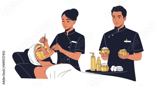 Skilled female aesthetician applying facial treatment to a relaxed client while male assistant holds tray of skincare products and bottles