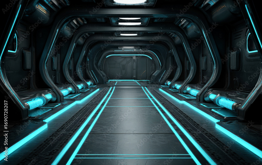 Obraz premium Futuristic sci - fi corridor with blue neon lights and sleek design