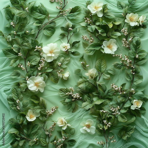 delicate green leaves and white floral petals layered over soft pale green and ivory silk fabric, subtle musk powder gently dusted across, shimmering silver sugar crystals scattered lightly, fresh and