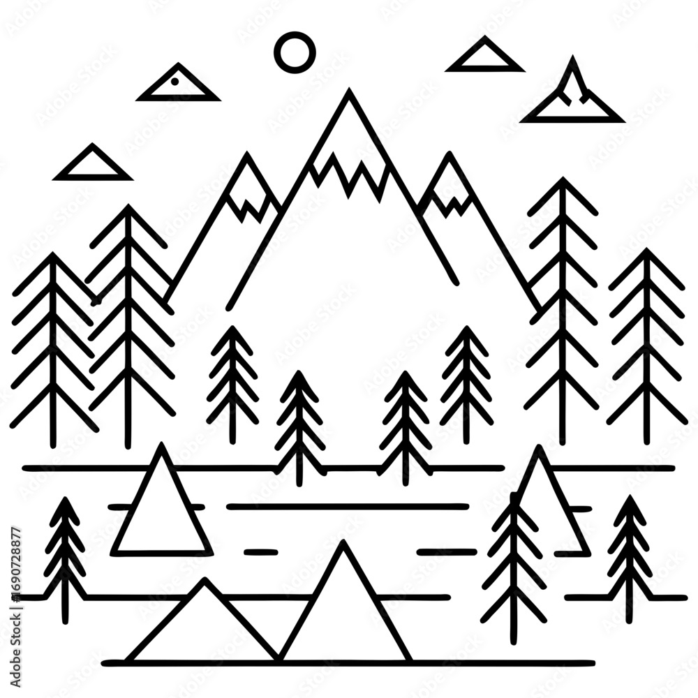 Obraz premium Abstract Mountain Forest Icons Line Art