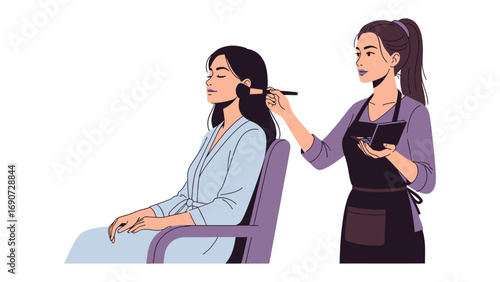 Professional makeup artist applying blush to a young woman s cheek with a brush in a salon setting