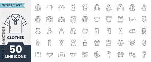 Clothes vector icon set. Containing t-shirt, pants, jacket, dress, short, shoe, suit, shirt and more. Editable stroke. Vector illustration