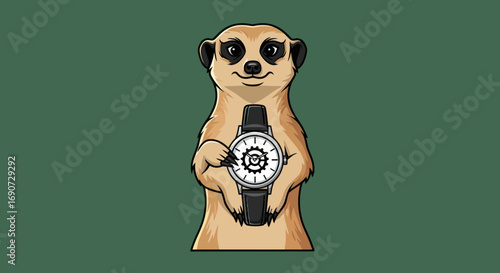 A charming cartoon meerkat holding a large watch.