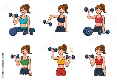 Fitness woman lifting dumbbells illustration, cartoon workout character exercising, healthy lifestyle training, gym strength exercise concept design