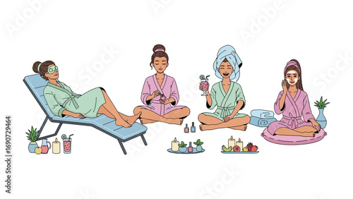 Four diverse women enjoying a relaxing spa day at home with face masks hair treatments and refreshing drinks promoting self care and wellness