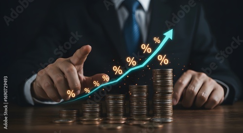 Financial Growth and Success Concept: Stacks of Coins with Upward Trend Arrow and Percentage Symbols