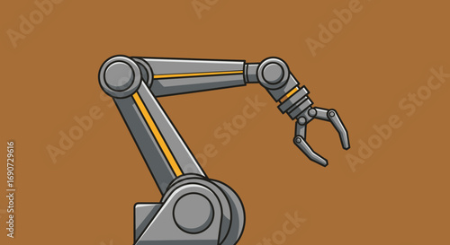 Illustrated industrial robotic arm with articulated joints and gripper.