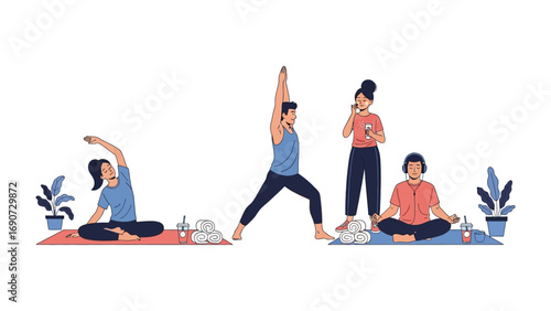 Diverse group of people practicing yoga and mindfulness exercises together on mats with plants and water bottles promoting wellness and healthy lifestyle