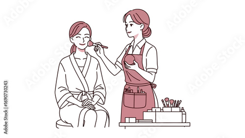 Professional makeup artist applying cosmetics to a client in a spa robe with beauty tools and products laid out