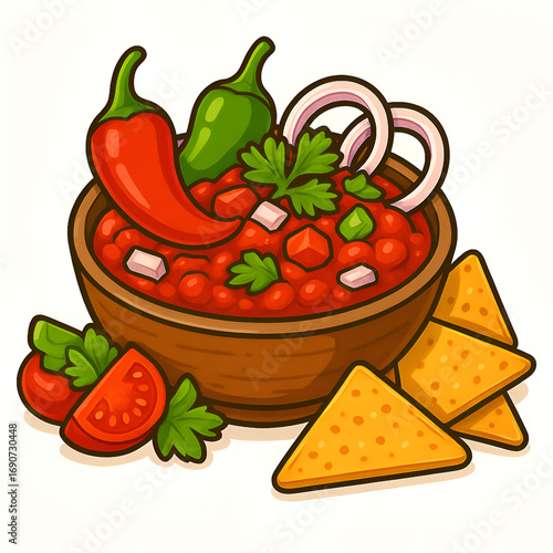 Mexican salsa dip bowl with chili peppers.