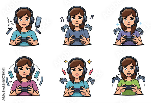 Cartoon gamer girl playing video games with headphones, streaming online, esports character illustration, gaming lifestyle concept design