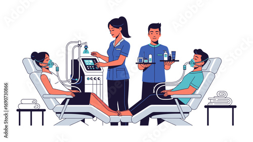 Two dentists working on two patients in dental chairs with medical equipment and supplies illustrating modern dental care and treatment