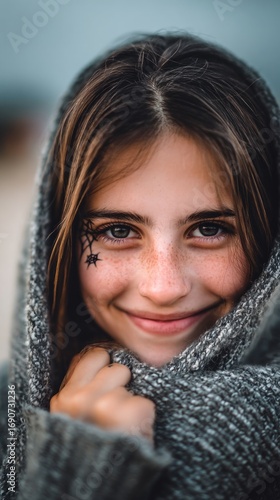 Multiracial girl smiling with quirky spider web design on her cheek while wrapped in a cozy scarf during dusk at the beach