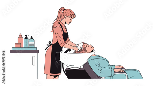 Professional hairstylist washing a client s hair in a salon shampoo bowl with various hair care products on a shelf nearby