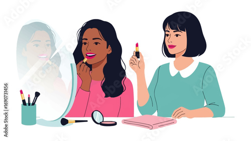 Two young women applying makeup in front of a mirror one with dark hair applying lipstick the other with short black hair holding a makeup brush