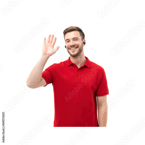 Happy Young Man in Red Polo Shirt Waving Hello, Wearing Earbuds