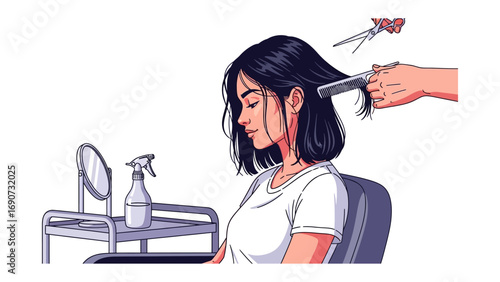 Salon Serenity: A moment of tranquility unfolds as a woman enjoys a calming haircut. A hand wields scissors and comb to craft the perfect style, while a spray bottle and mirror stand at the ready.