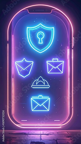 Neon phone screen with security and email icons