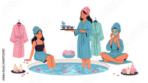 Three women in bathrobes and towels enjoying a relaxing spa day with a foot bath and beauty treatments surrounded by robes and candles