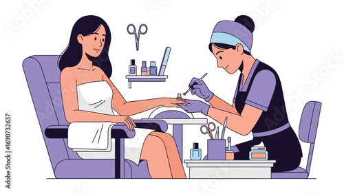 Young woman receiving a professional manicure from a skilled nail technician in a salon setting focusing on hand care and beauty