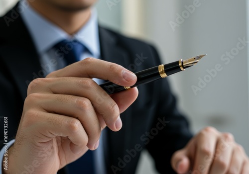 Businessman holds pen in office setting