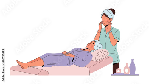 Skilled aesthetician gently applying skincare treatment to relaxed woman lying down in spa setting