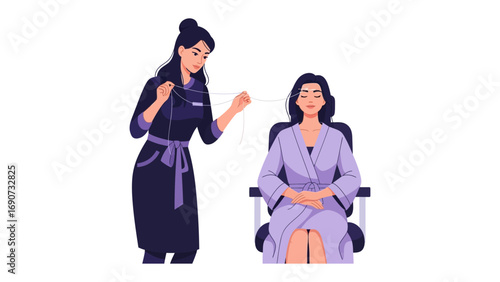 Young woman receiving professional makeup application from a skilled beautician in a salon setting with a white background
