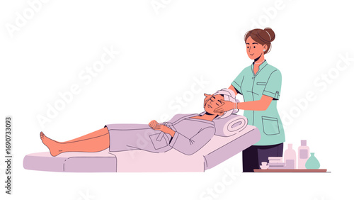 Professional skincare specialist performing a facial treatment on a relaxed client lying on a spa bed with beauty products nearby