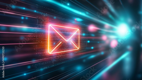 Wallpaper Mural Glowing neon mail icon with digital light streaks and abstract data elements, symbolizing fast communication and secure electronic messaging in futuristic style Torontodigital.ca