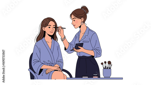 Professional makeup artist applying cosmetics to a young woman s face with brushes and palette in a beauty salon setting